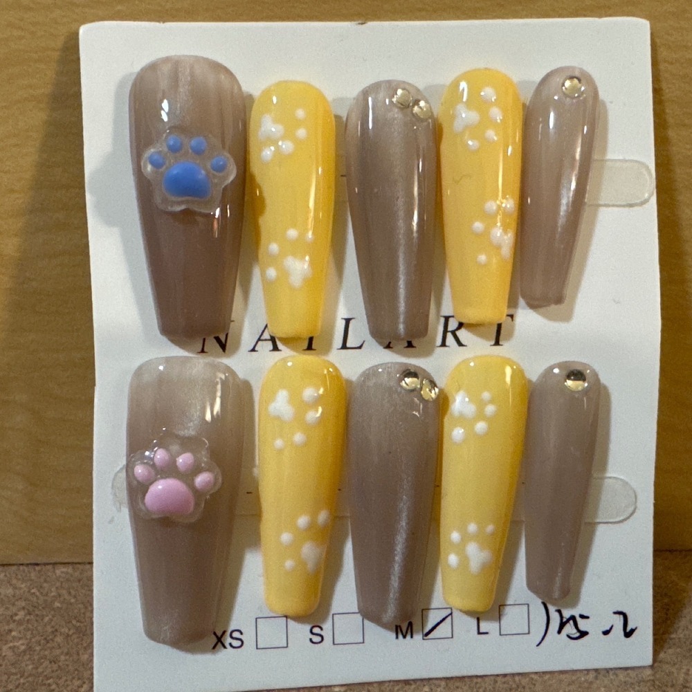 3D Paw Print Press On Nails Long Coffin Taupe Yellow Rhinestone Nail Art Size M